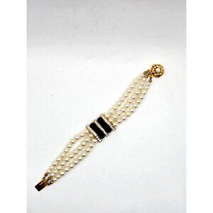 VTG Faux Pearl, Rhinestone and Black Beaded triple strand Bracelet Marked Silver